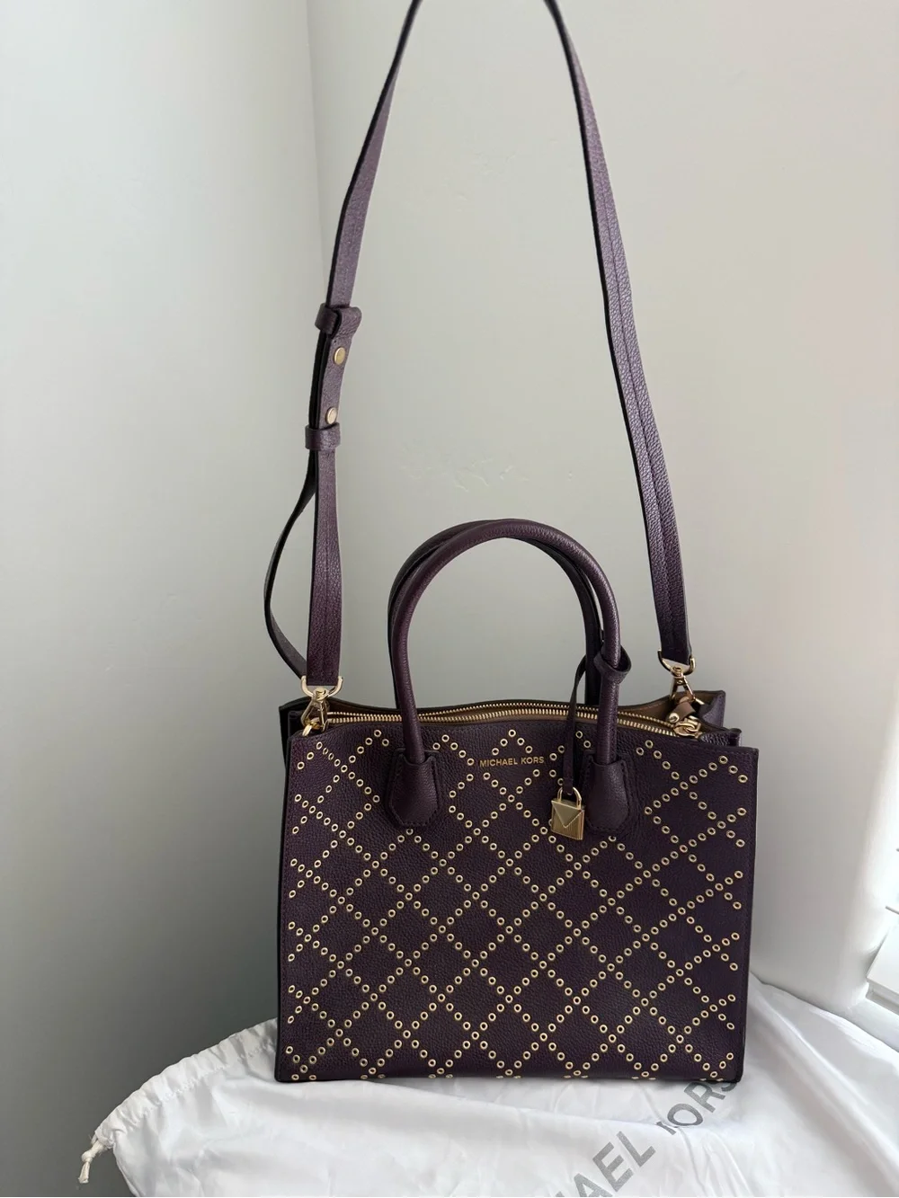 Michael Kors Plum Quilted Eyelet Satchel with Gold Hardware